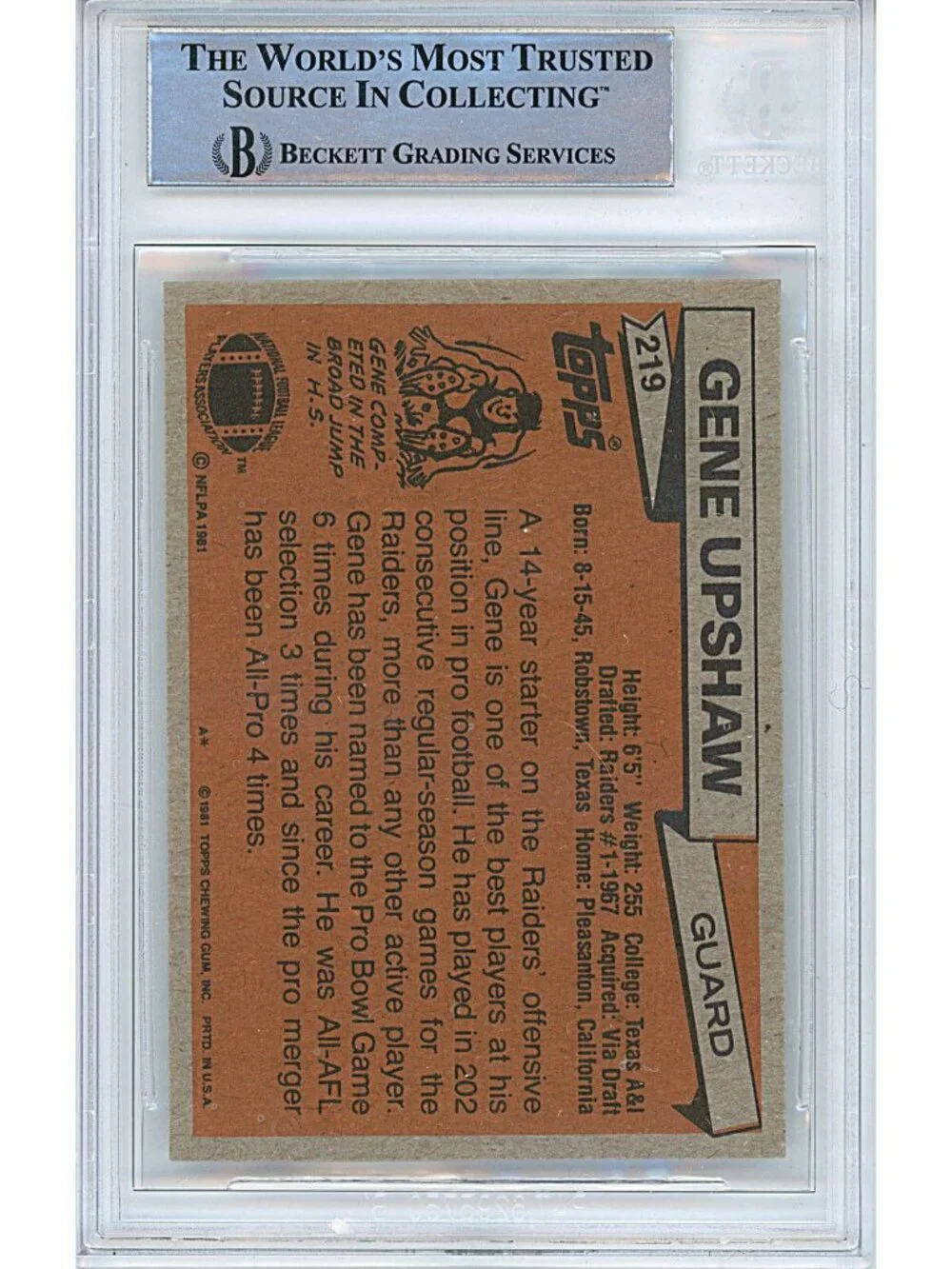 Gene Upshaw Signed 1981 Topps Football Card Beckett Oakland Raiders Autograph
